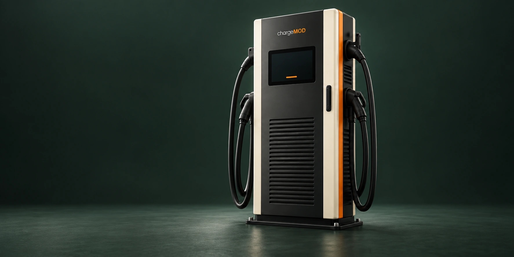 Illustrative ivory and graphite DC charger with orange side panels in a forest-green studio